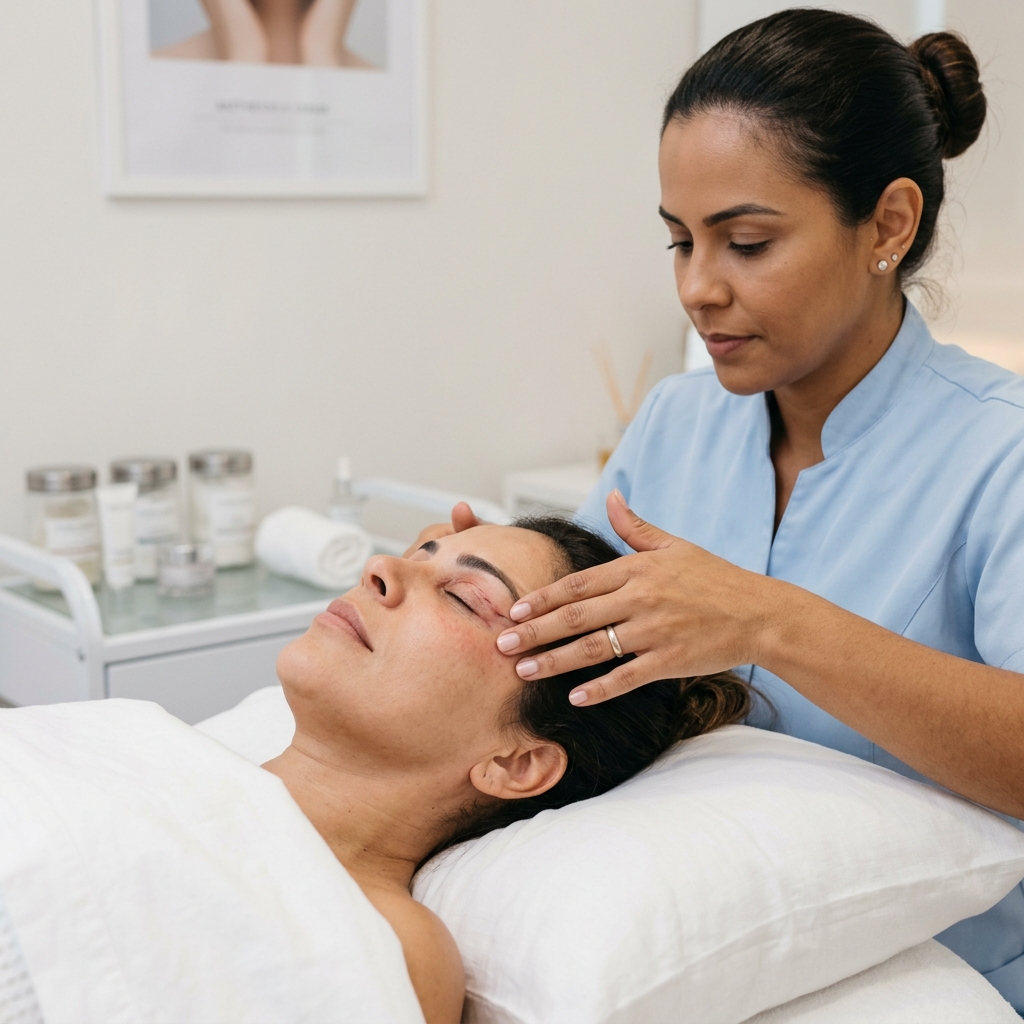 Paciente em recuperação de blefaroplastia recebendo fisioterapia pós-operatória em Ipatinga