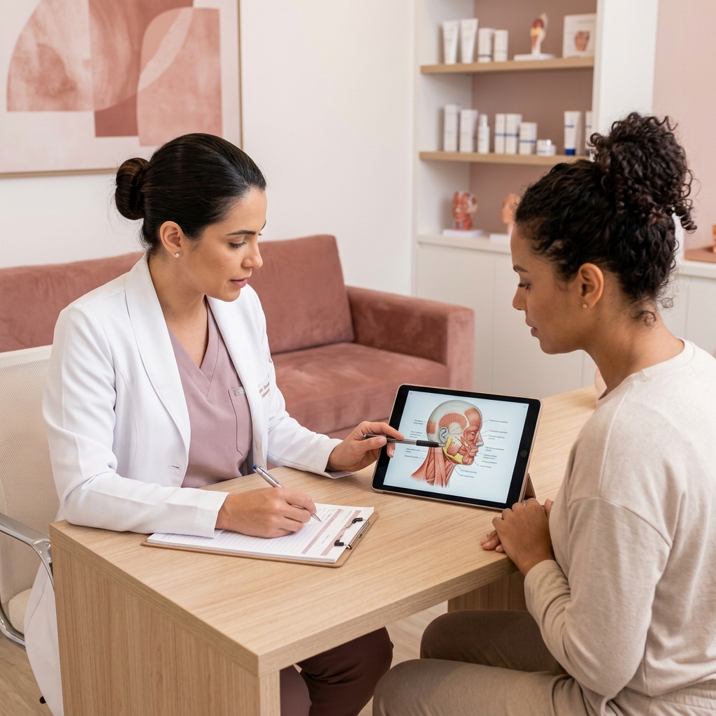 Fisioterapeuta Aline Gomes orientando paciente em consulta pré-operatória em Ipatinga